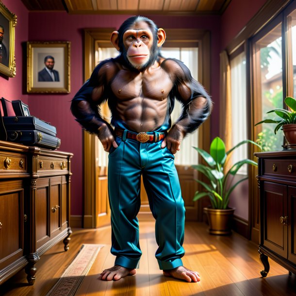 Photo of a chimpanzee in a trousers in the house