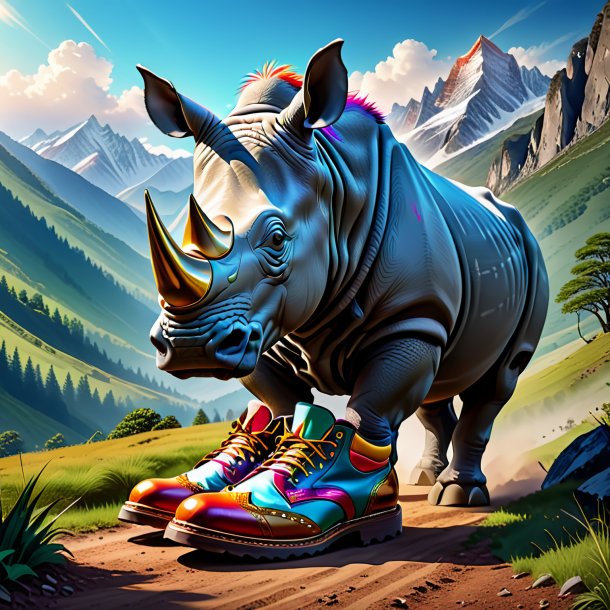 Drawing of a rhinoceros in a shoes in the mountains