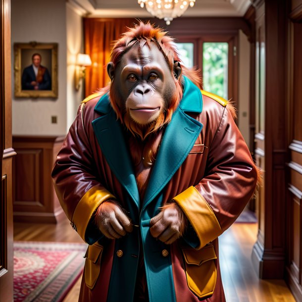 Photo of a orangutan in a coat in the house