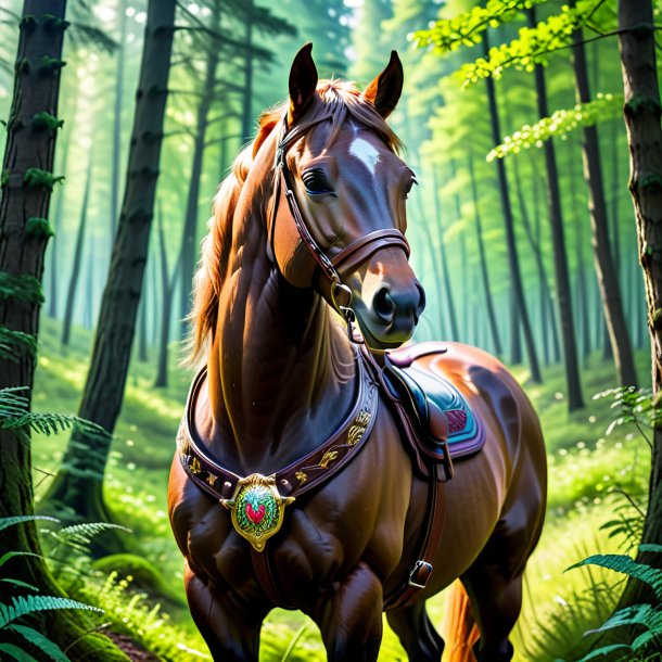 Image of a horse in a belt in the forest