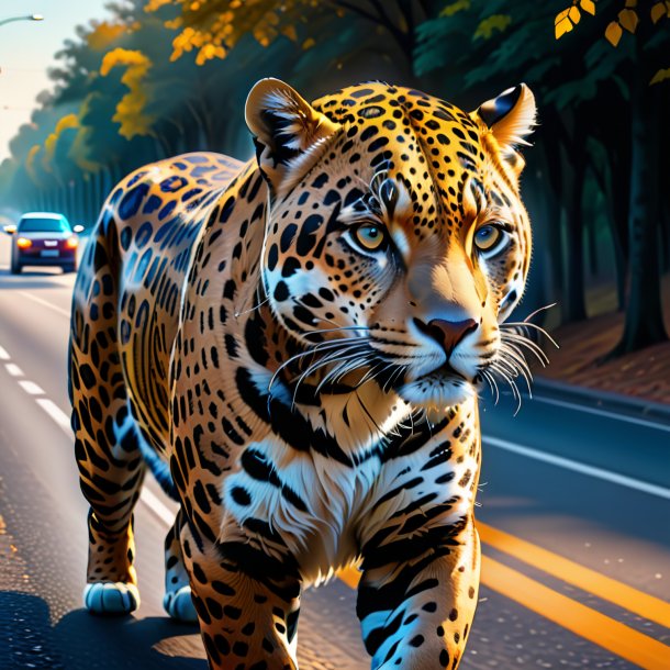 Drawing of a jaguar in a coat on the road