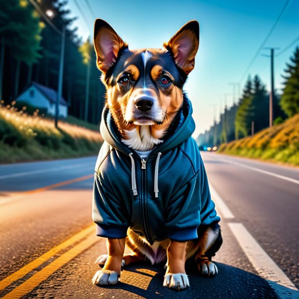 Foto de um cão em um hoodie na estrada