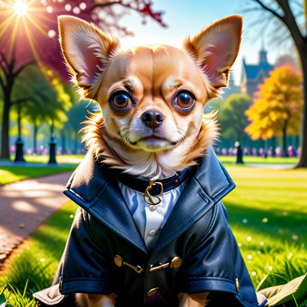 Image of a chihuahua in a coat in the park