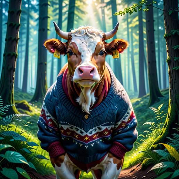 Picture of a cow in a sweater in the forest