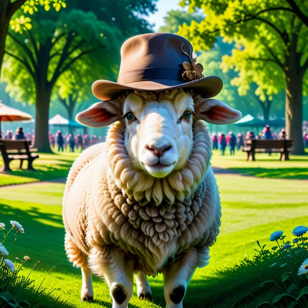 Photo of a sheep in a hat in the park