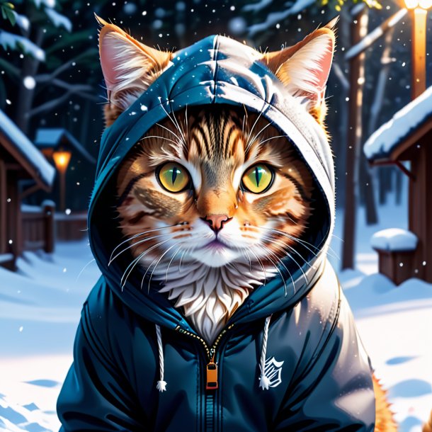 Illustration d'un chat dans une capuche dans la neige