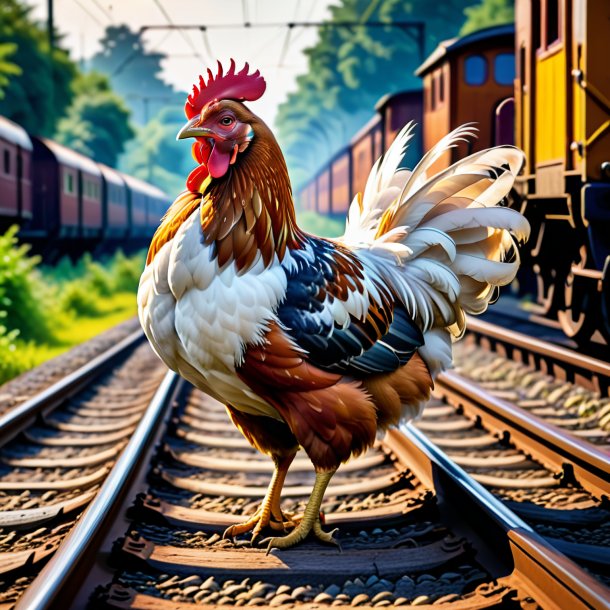 Image of a dancing of a hen on the railway tracks