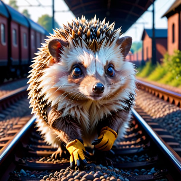 Pic of a hedgehog in a gloves on the railway tracks