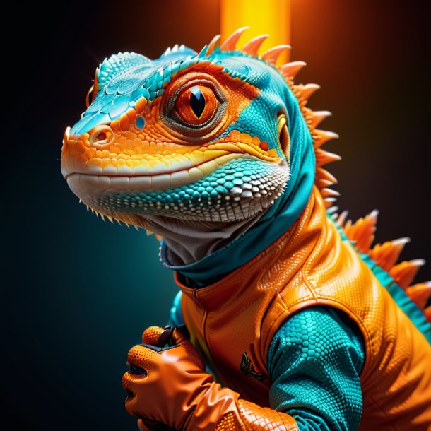 Foto de un lagarto en guantes naranja