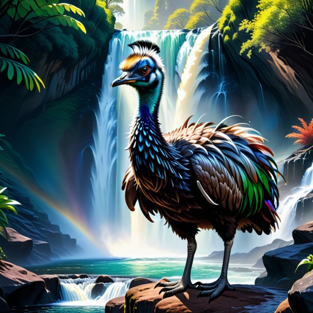 Illustration of a emu in a gloves in the waterfall