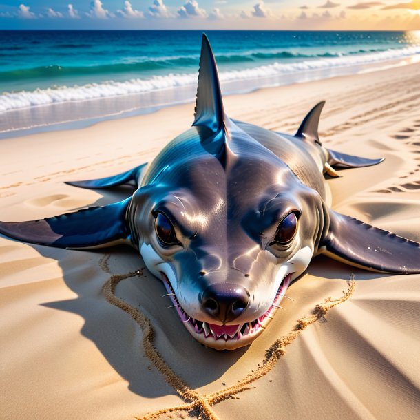 De um sono de um tubarão-martelo na praia