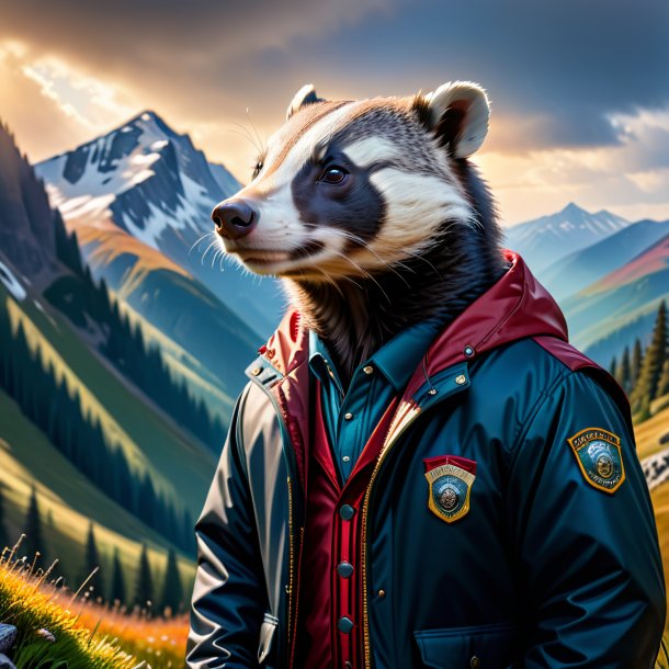 Picture of a badger in a jacket in the mountains