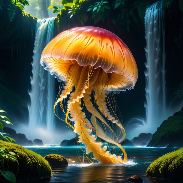 Photo of a waiting of a jellyfish in the waterfall