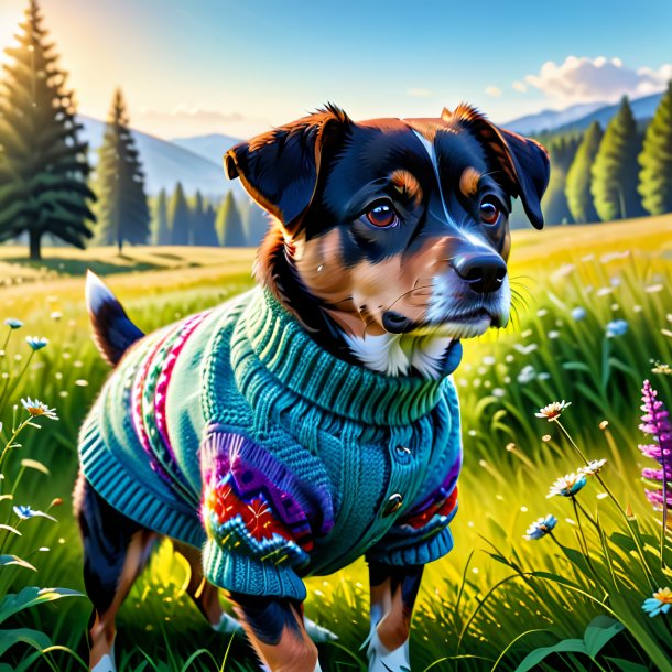 Pic d'un chien dans un pull dans la prairie