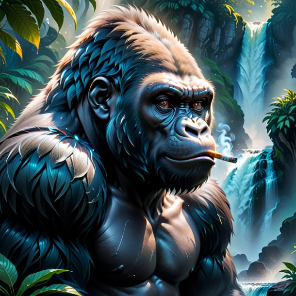 Picture of a smoking of a gorilla in the waterfall