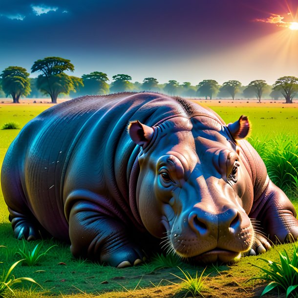 Image of a sleeping of a hippopotamus on the field