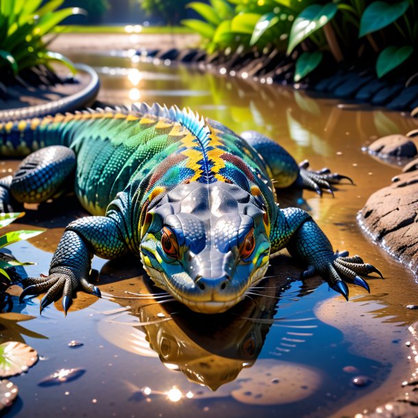 Picture of a sleeping of a monitor lizard in the puddle