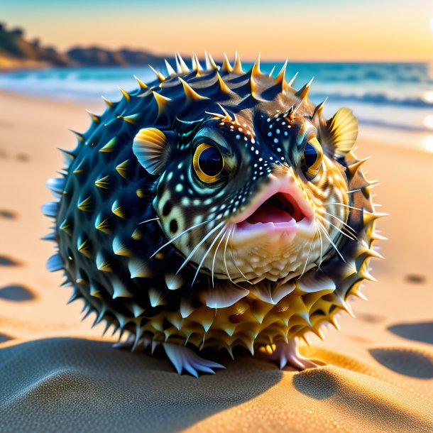 Image of a pufferfish in a coat on the beach