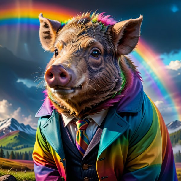 Photo of a boar in a coat on the rainbow