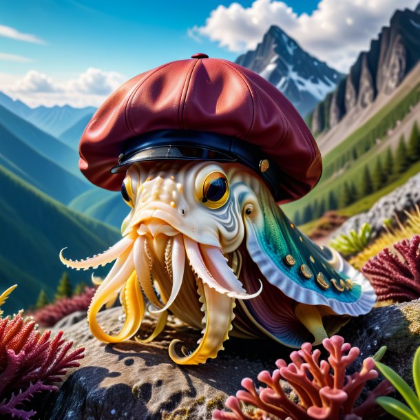 Picture of a cuttlefish in a cap in the mountains