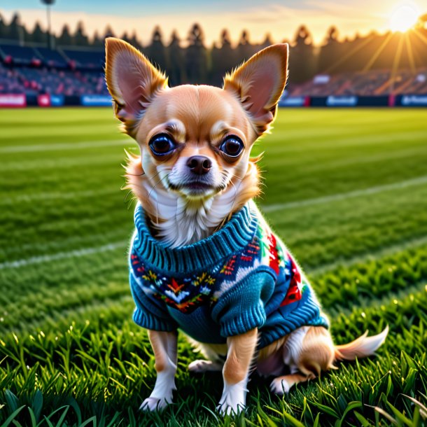 Foto de um chihuahua em um suéter no campo