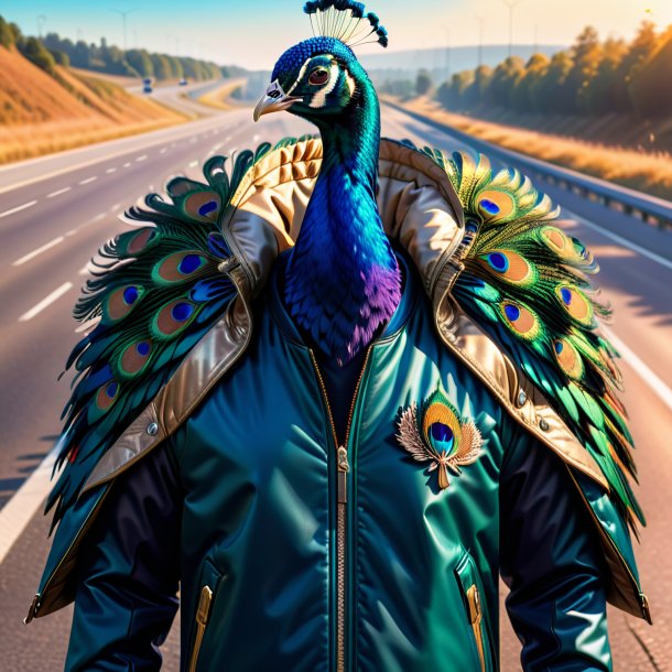 Foto de un pavo real en una chaqueta en la carretera