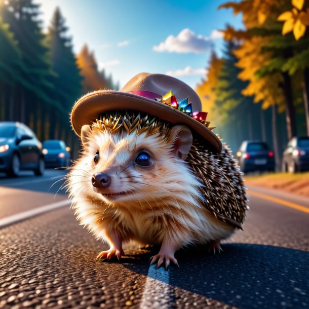 Picture of a hedgehog in a hat on the road