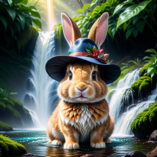 Image of a rabbit in a hat in the waterfall