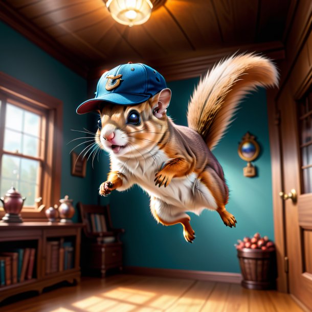 Drawing of a flying squirrel in a cap in the house