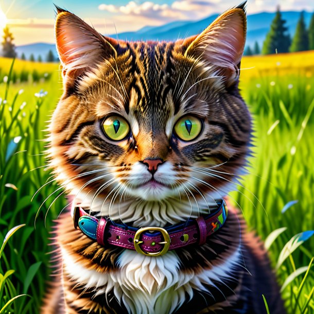 Image of a cat in a belt in the meadow