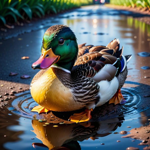 Image of a smiling of a duck in the puddle