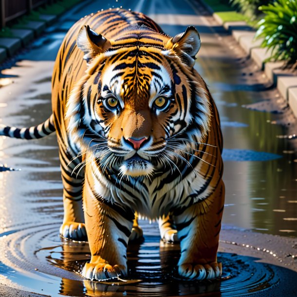 Pic of a tiger in a belt in the puddle