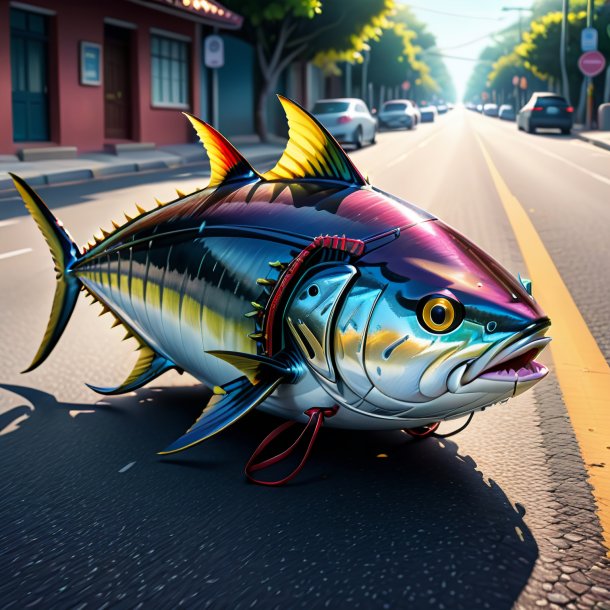 Drawing of a tuna in a shoes on the road