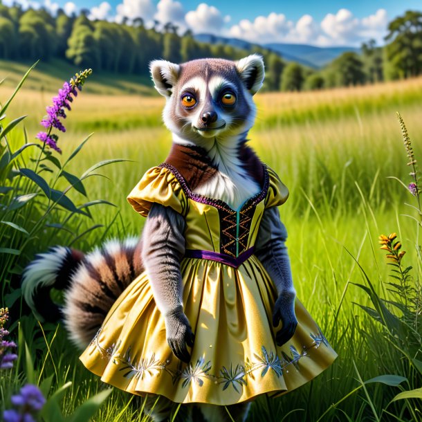 Image of a lemur in a dress in the meadow