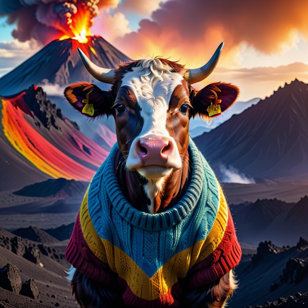 Photo of a cow in a sweater in the volcano