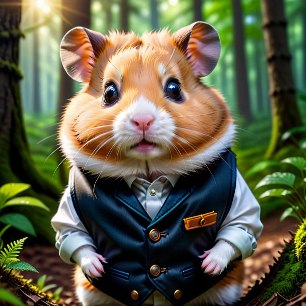 Pic d'un hamster dans un gilet dans la forêt