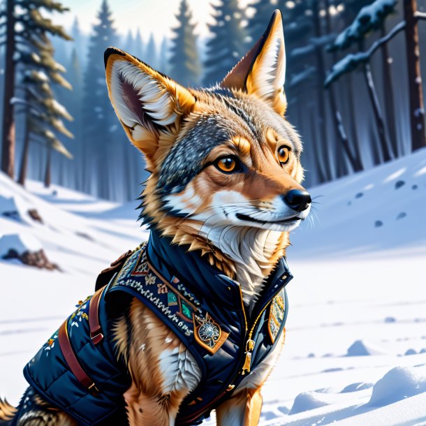 Illustration of a jackal in a vest in the snow