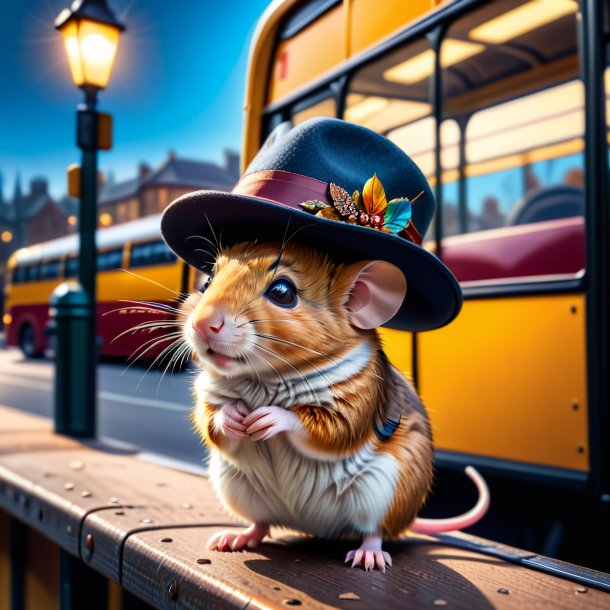 Photo d'une souris dans un chapeau sur l'arrêt de bus