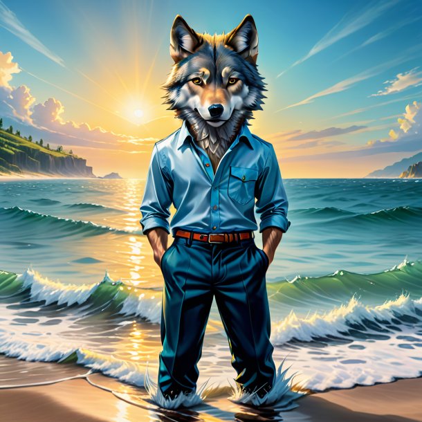 Drawing of a wolf in a trousers in the sea