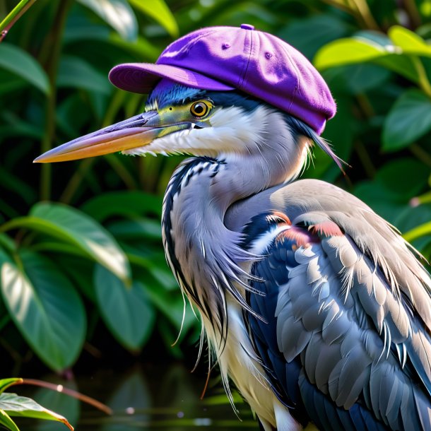 Foto de una garza en una gorra púrpura