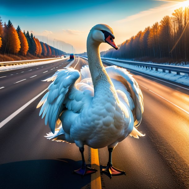 Picture of a swan in a coat on the highway