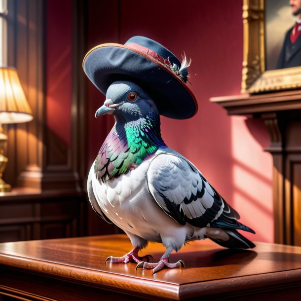 Foto de una paloma en un sombrero en la casa