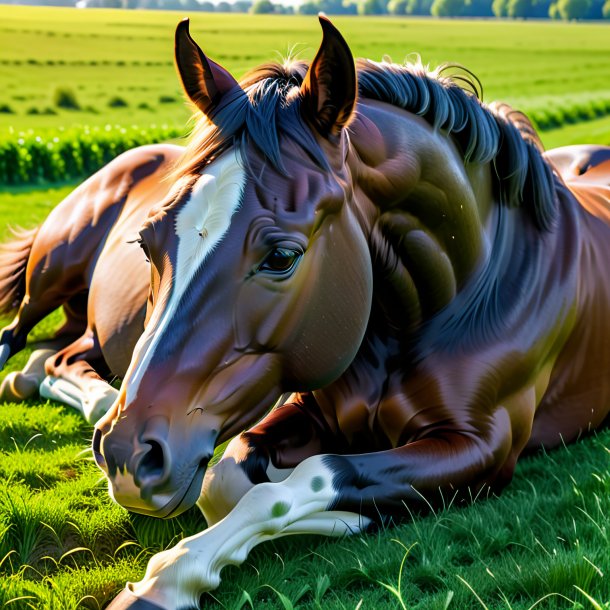 Photo d'un sommeil d'un cheval sur le terrain