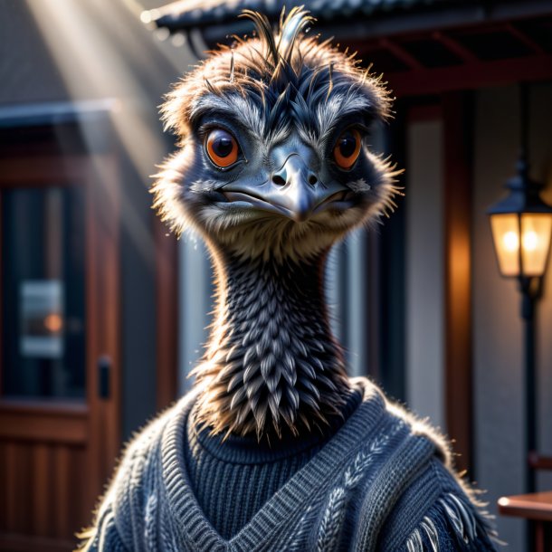 Photo of a emu in a gray sweater