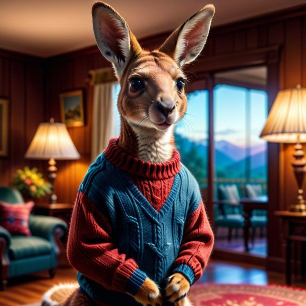 Image of a kangaroo in a sweater in the house