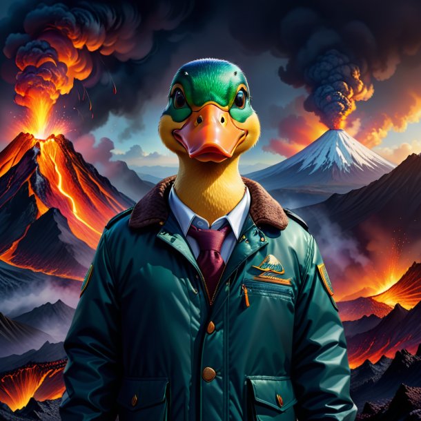 Ilustración de un pato en una chaqueta en el volcán