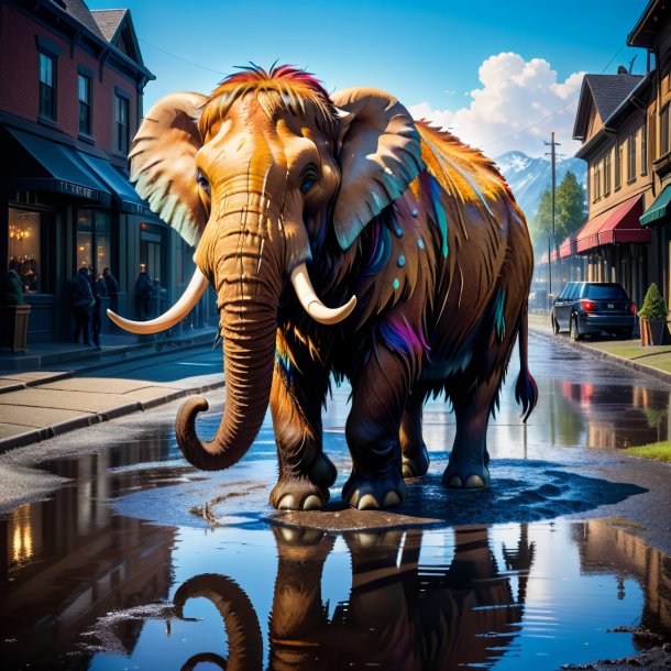 Picture of a mammoth in a vest in the puddle