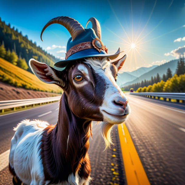 Foto de una cabra en un sombrero en la carretera