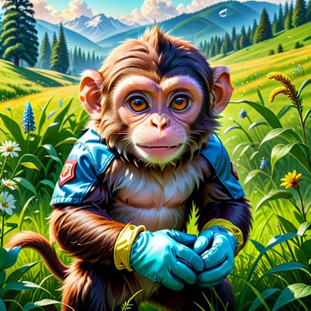 Drawing of a monkey in a gloves in the meadow