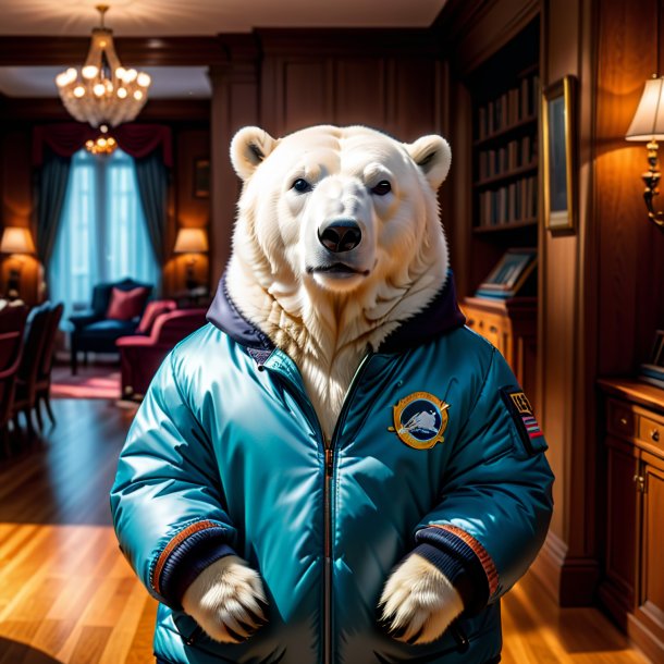 Photo of a polar bear in a jacket in the house